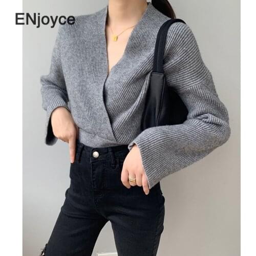 Women Spring Autumn Sexy Split V Neck Knitting Sweater Cropped Tops Slim Korean Style Pullovers Office Ladies Elegant Sweaters