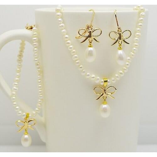Perfect Small Size Real Pearl Jewelry Set Butterfly Genuine Freshwater Pearl Necklace Bracelet Earrings Charming Women Gift