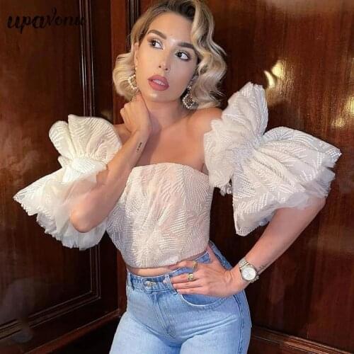 Free Shipping 2021 New Womens Summer Tops Sexy Card Shoulder Ruffle Sleeve Mesh Open Back Short Tops Club Evening Party Tops