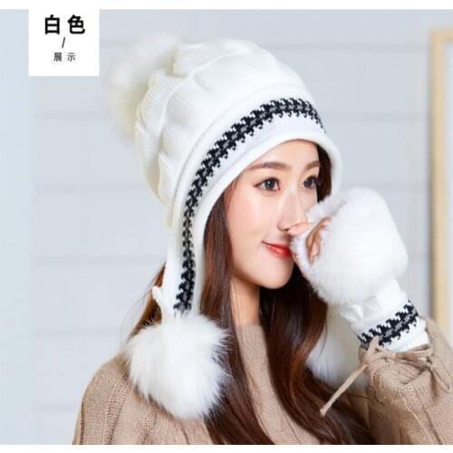 Ear protection knitted wool hat gloves set female winter fashion Korean version of Joker padded warm Korean winter