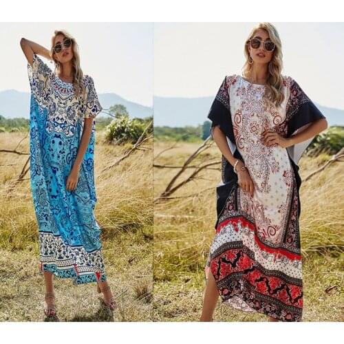 Women Boho Oversized Tunic Dress Floral Leaves Print Long Kaftan O-Neck Batwing Short Sleeve Kimono Gown Beach Dress
