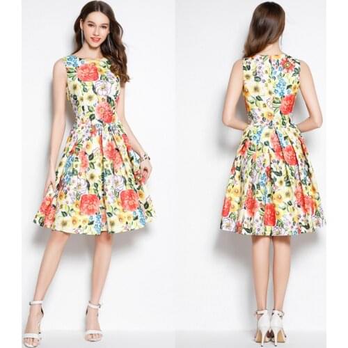 B0038 New Knee-Length Sleeveless Printed Flower Evening Prom A-line Ball Gown Women Formal Dresses Ruched