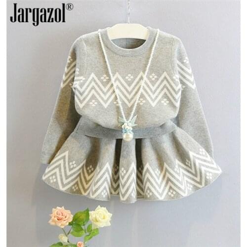 Girls Winter Outfits Long Sleeve Knitted Grey Color Pullover Tops and Skirts Thick Clothes Set Autumn Children Clothing Set