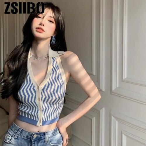 2021 Knit Y2K Crop Top Women Halter Neck Backless Summer Backless Green V Neck Casual Sleeveless Vintage Sexy Tank Tops anime