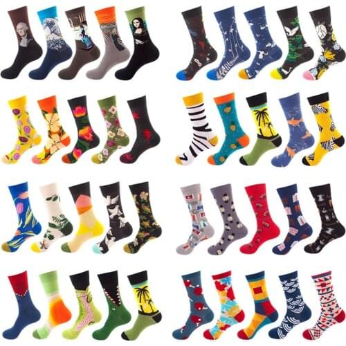 5 Pairs/Lot Mens Cotton Funny Socks With Print Art Women Happy Socks Warm Winter Cute Van Gogh Fashion avocado Socks