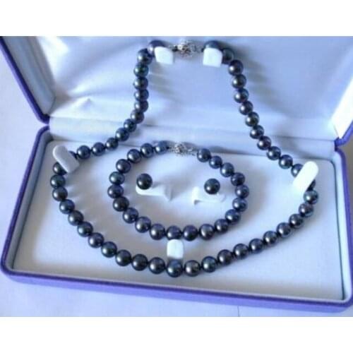 AAA Hot sale Free Shipping>>>8-9mm Real Natural Black Akoya Cultured Pearl Bracelet Necklace Earrings Set
