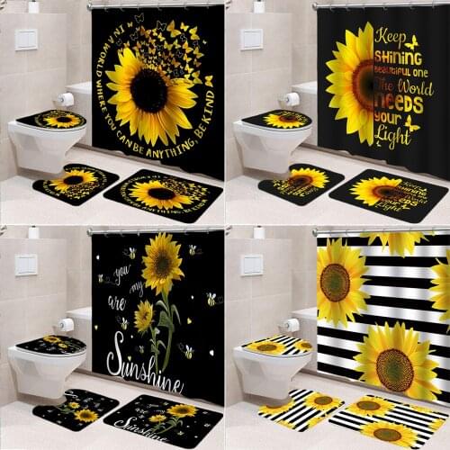 Sunflower Black Shower Curtains Beautiful Flowers 3d Print Toilet Cover Bath Mat Non-Slip Rug Set Bathroom Curtain with 12 Hooks