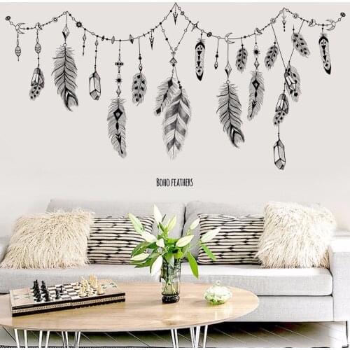 Black boho feathers wall stickers for bedroom living room bathroom bar kitchen wall decor removable art decals mural diy dc8