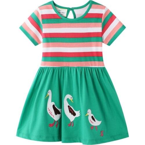 Jumping Meters New Animals Applique Princess Cute Girls Dresses Cotton Baby Girls Clothing Party School Kids Summer Stripe Dress