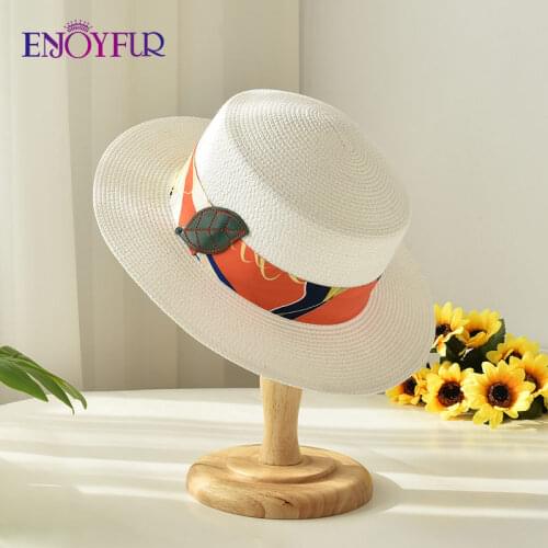 ENJOYFUR Summer Sun Hat For Women Beach Straw Flat Top Panama Hat Female Fashion UV Sun Protection Travel Cap New