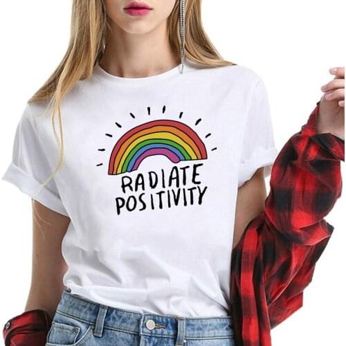 RAOIATE POSITIVITY Print Womens T-shirts Rainbow Graphics Tee Shirt Femme Short Sleeve O-Neck Tops Casual Womens Clothing