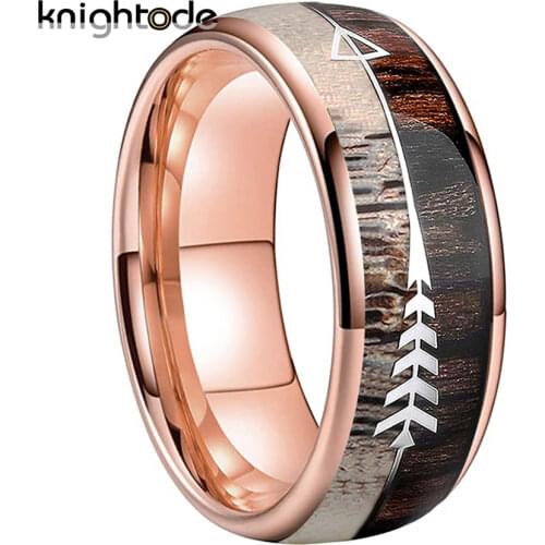 8mm Koa Zebra Wood Antler Arrows Inlay Tungsten Rings Vikings Hunting Bands Rose Gold/Black/Silvery Available In Three Colors