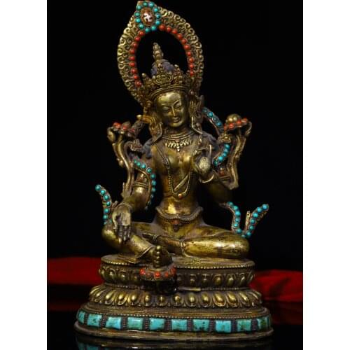 10"Tibet Temple Collection Old Bronze Gilt Filigree mosaic Gem Green Tara Bodhisattva Buddha statue Back light Enshrine