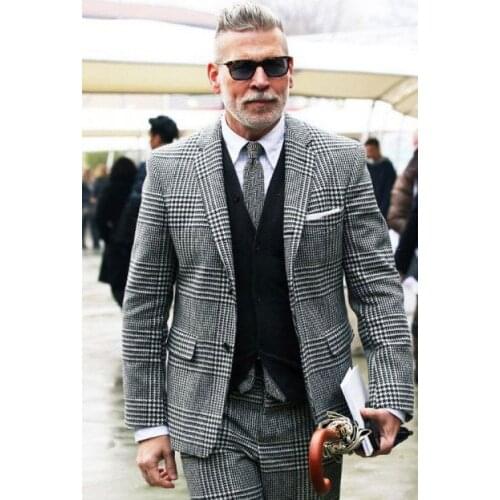 Vintage Mens 3 Piece Tweed Plaid Suits Notch Lapel Men Slim Fit Suits Groomsmen Tuxedos Wedding Suits(jacket+pant+vest)