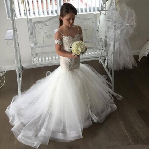 Beautiful Junior Girls White Mermaid Spaghetti Straps Lace Tulle Wedding Birthday Party Dresses Flower Dresses Gowns 2021