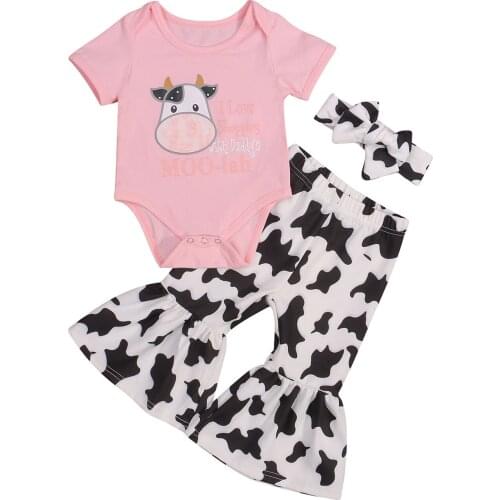3 Pcs Baby Girl Summer Outfits Cartoon & Letter Pattern Short Sleeve Round Neck Rompers + Cow Print Flared Pants + Headband