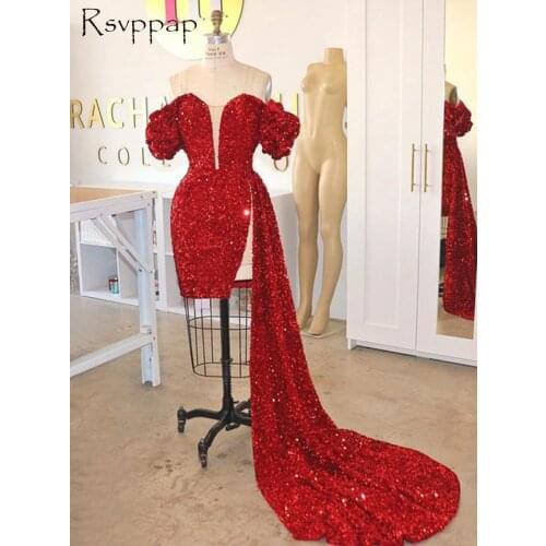 New Arrival Long Prom Dresses 2021 Sweetheart Off The Shoulder Red Sparkly Sequined African Black Girls Short Prom Gala Gowns