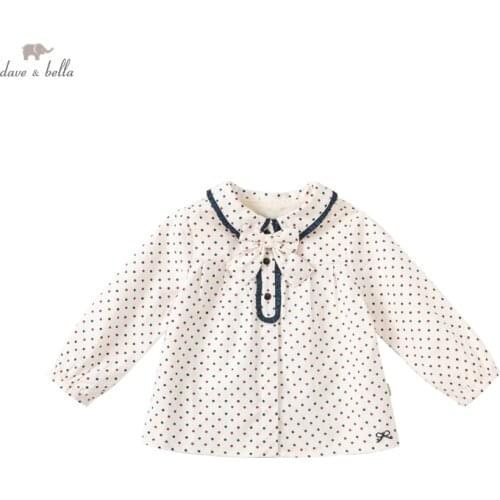 DB20547 dave bella autumn fashion baby girls removable bow dots print shirts infant toddler tops children high quality clothes