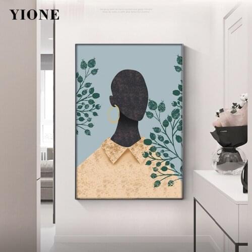 Nordic Black Woman with Leaves Canvas Posters Africa Tropical Plants Figure Art Prints Wall Paintings Home Decoration Pictures