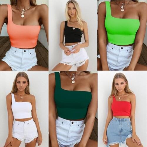 Sexy One-shoulder Tank Tops Irregular Sleeveless Wild Chic Slim Cropped Vests Solid Color Navel Short T-shirts Casual Party Tops