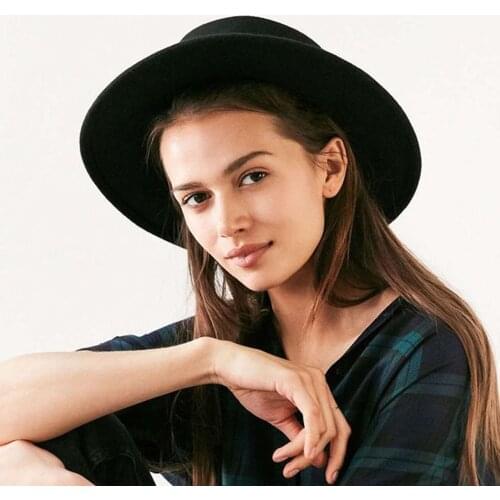 New Fashion Wool Pork Pie Boater Flat Top Hat For Womens Mens Felt Wide Brim Fedora Gambler Hat