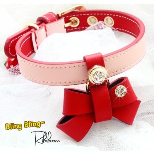 Dog Collar Leash Pet Accessories Cattlehide Real Leather Lychee Texture Cowhide Pink+Red Cowskin Rhinestone Buckle Calfskin New