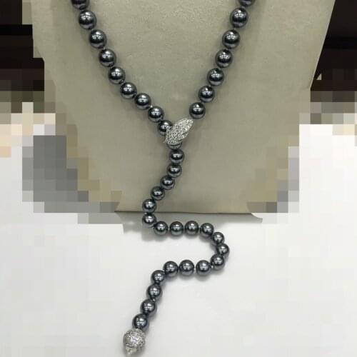Y Long Shell Pearl Necklace With Leaf Clasp Full of Cubic Zircon Dark Grey Imitation pearl Jewelry Light Grey Light Yellow Gold
