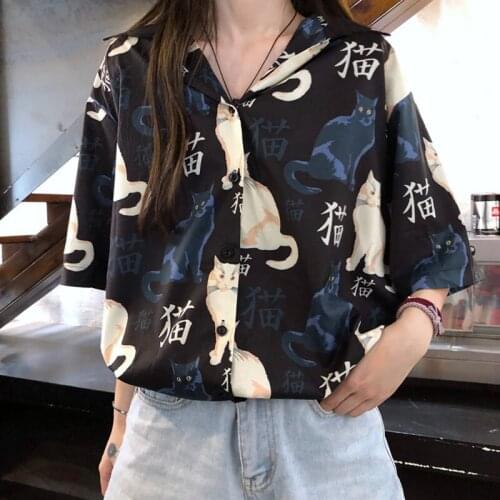 Women Stylish Cat Print Blouse Shirt 2021 Summer Fashion Half Sleeve Casual Turn-down Collar Blouse Loose New Shirts