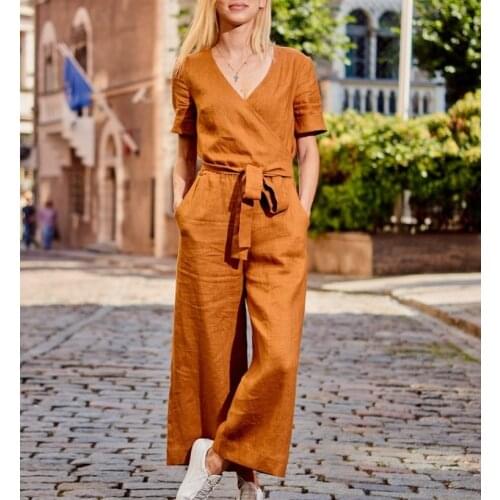 Womens short-sleeved belt belt pockets cotton and linen series solid color casual comfortable loose one-piece cropped trousers