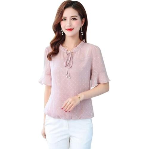 Women Spring Summer Style Chiffon Blouses Shirts Lady Casual Short Flare Sleeve Bow Tie Decor Blusas Tops DF2957