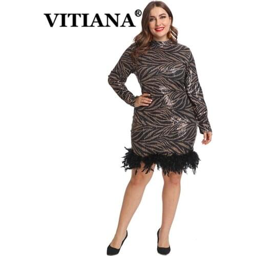 VITIANA Women Plus Size 5XL Sequined Party Dress For Fat Womens Feathers Sexy Party Dresses Femme Mini Vestidos Female Clubwear
