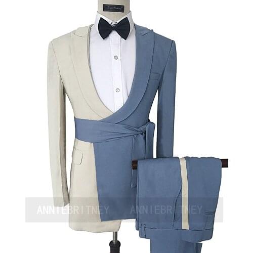 Fashion Haze blue Beige Suit Men Slim Fit Tailored Groom Wedding Prom Party Jacket Tuxedo Dinner Blazer with Pants 2 Pieces