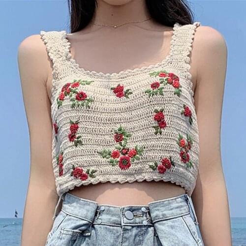 2020 Sexy embroidery Women Ladies Summer Slim sleevelessT Shirt Casual Solid V Neck Knitted Short Tops