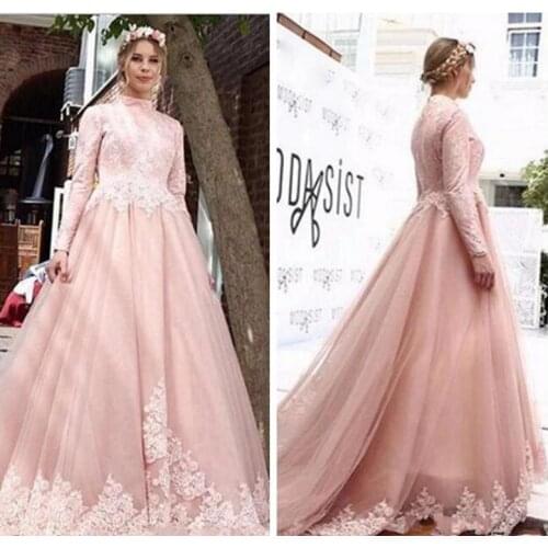 2020 Vintage Pink Muslim Prom Dresses Elegant High Neck Long Sleeve Lace Arabic Evening Dress Cheap Reception Party Gown Elegant