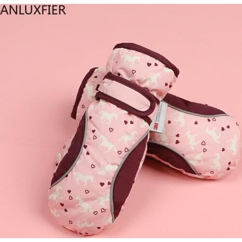 H10050 Children Ski Gloves Girls Boys Warm Winter Plush Thermal Mittens Kids Outdoor Windproof Waterproof Cartoon Cute Hand Muff