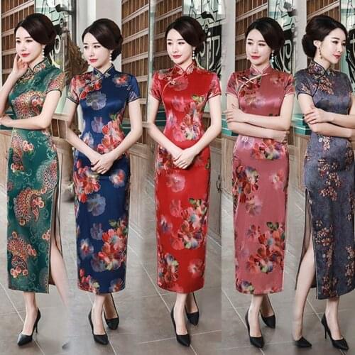 New Summer Printed Long Cheongsam Chinese Wedding Dress Plus Size Traditional Qipao Dress Mandarin Collar Party Costume M-4XL