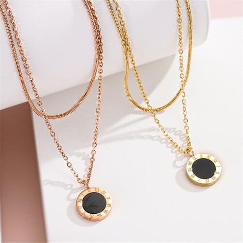 Stainless Steel Double layer Roman Numerals Titanium Steel Necklace Rose Gold Round Pendant Wedding Necklace
