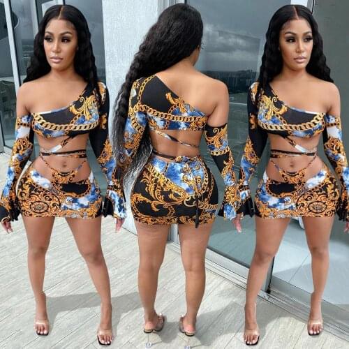 Felyn 2020 Ins Internet Celebrity Famous Dress Luxury Print Hollow Out One Shoulder Sexy Bodycon Mini Dress Vestidos
