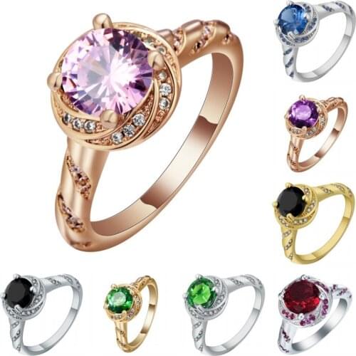 Hainon fashion gold color ring with round green red purple CZ crystal flower elegant wedding birthday stones gift for women