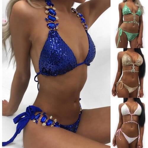 2021 Women Bikini Sequin Rhinestone Crystal Diamond Push Up Swismuit Sexy Ladies Halter Top Bandage Swimwear Summer Biquini