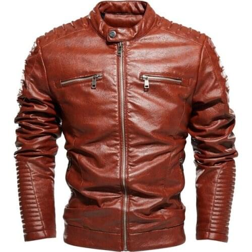 PU Leather Jacket Men Vintage Khaki Motorcycle Jacket Men Leather Jacket Black Fleece Biker Coat Fashion Outwear Clothing Men