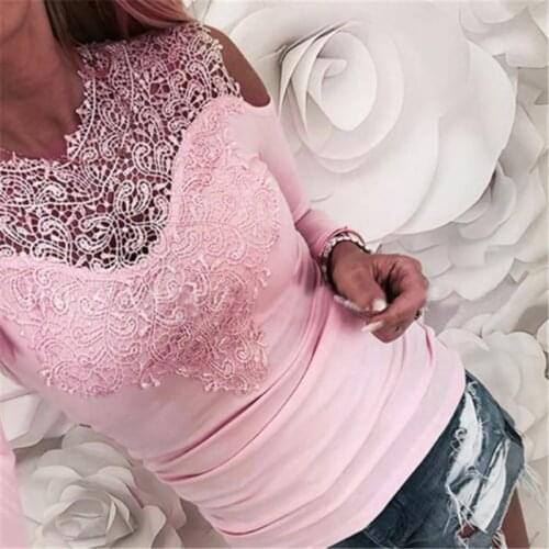 Sweet Lace T -Shirt Women Off The Shoulder Pink Slim Fit Tees Ladies O -Neck Autumn Casual Elegant T -Shirts Women Clothes