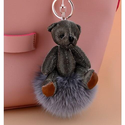 Key ring fashion flufy fox hair ball key holder Fabric Bear women bag charms pendant furry key chains best girlfriend gift