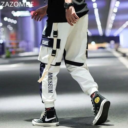 ZAZOMDE Men Cargo Pants Black Ribbon Block Multi-Pocket 2020 Joggers Harajuku Sweatpant Hip Hop Casual Male pants streetwear men