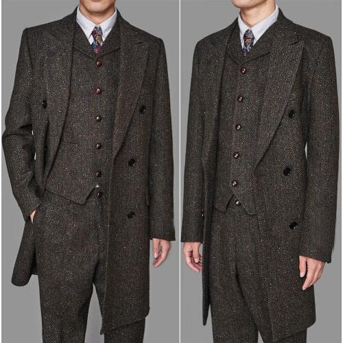 Mens Coffee Colorful Herringbone Vintage Long Vested Suits 3pcs Peaky Blinder