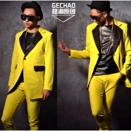 Mid-length blazer men yellow suits designs jacket mens stage costumes for singers clothes dance masculino homme terno