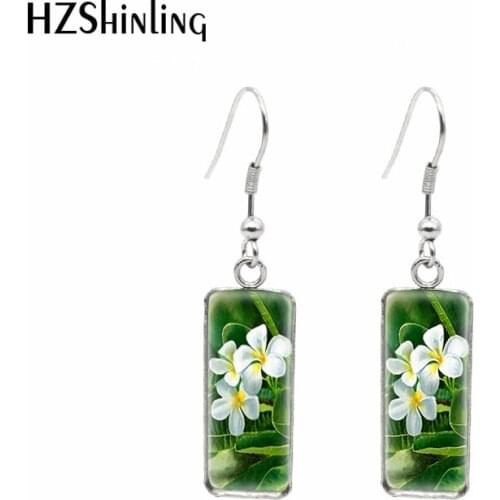 2021 New Plumeria Flowers Rectangular Earring Tropical Art Fish Hook Earrings Glass Dome Handmade Jewelry