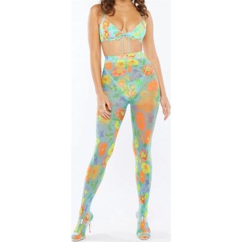 New Stylish Floral Mesh Clubwear Skinny Foot-Cloesd Pant High Waist Sexy Transparent Summer 2021 Female Workout Trousers Legging