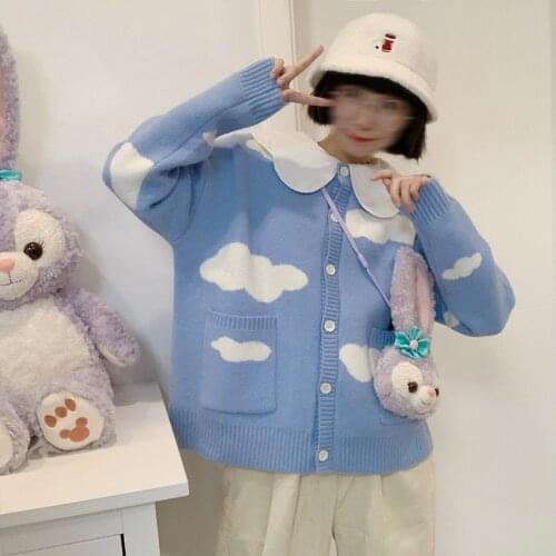 Cloud Jacquard Cute Sweet Chic Women Knitted Cardigan Long Sleeve Thick Warm Female Sweater Coat O Neck Pretty