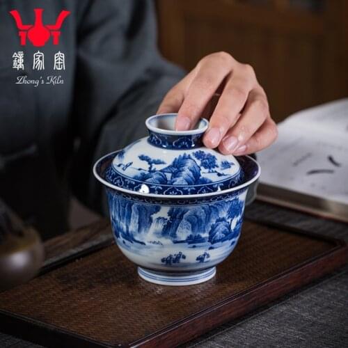 Kiln jingdezhen blue and white landscape manual hand-painted maintain tureen tea bowl two large bowl kung fu tea set